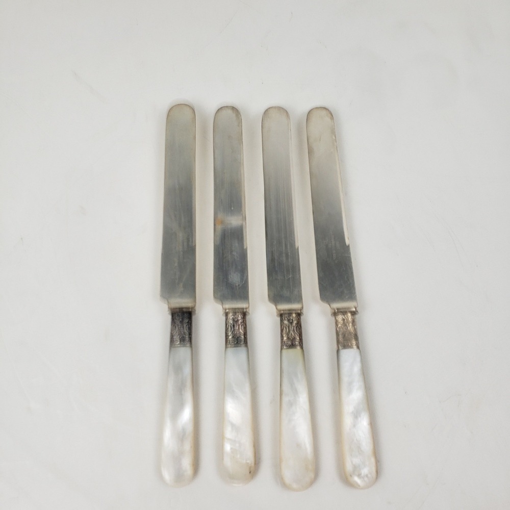 Antique J. Russell & Co. 1834 Mother of Pearl Sterling Ferrule Knives Set of 4